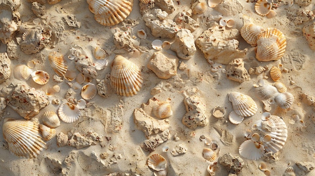 A closeup of seashells and rocks on a sandy beach