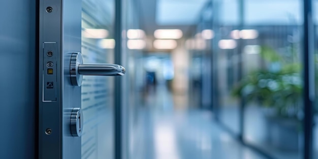 Closeup of a secure door handle in a modern office building emphasizing security and contemporary design