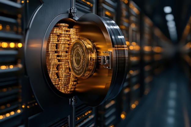 Photo a closeup of a secure vault door revealing glowing coins inside set against a backdrop of digital servers