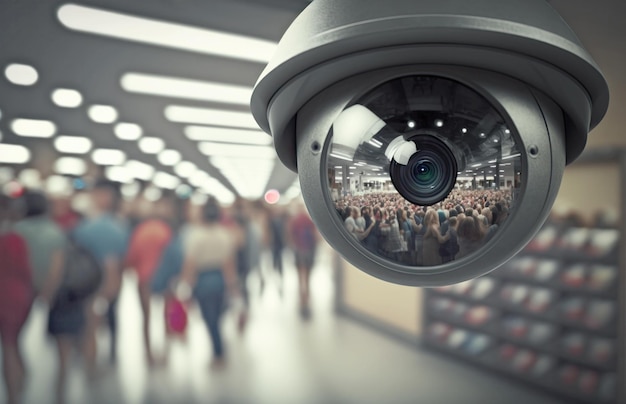 Closeup of a security camera monitoring of a busy shopping cent