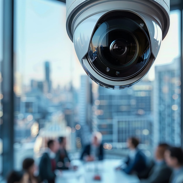 Closeup of a security camera in an office meeting room with a cityscape in the background ensuring safety and surveillance