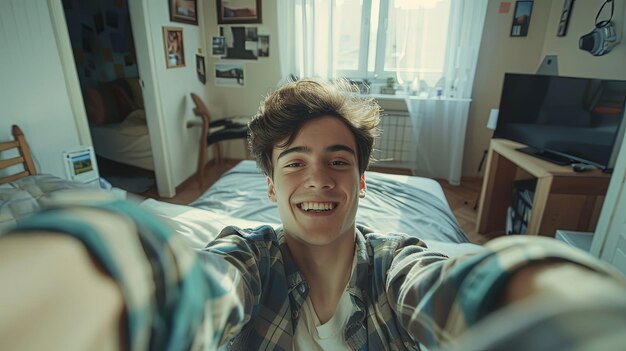 Closeup selfie portrait of young man in room at home