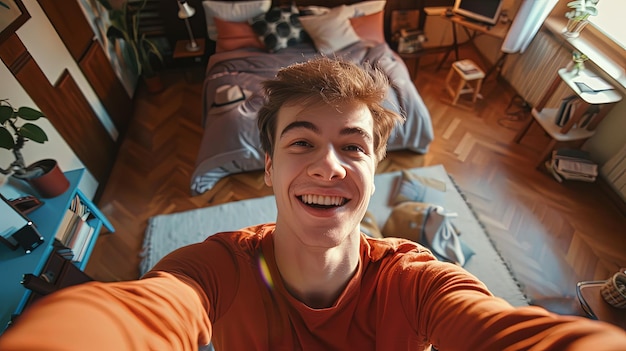 Closeup selfie portrait of young man in room at home