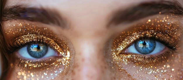 Photo closeup selfie of womans eye with gold glitter