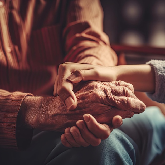 Closeup of senior couple holding hands while sitting in armchair