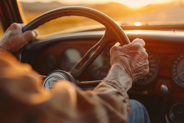 Photo closeup of a senior mans hands on a steering wheel driving a car at sunset