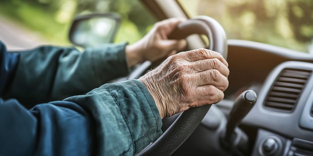 Closeup of Senior Mans Hands on Steering Wheel While Driving