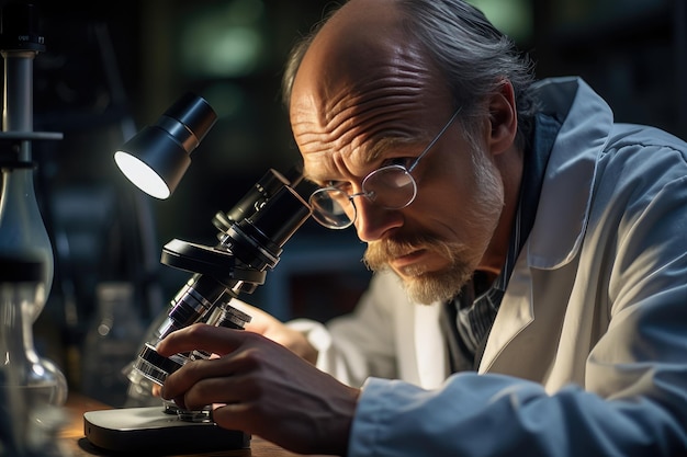 A closeup of a senior professor's face as he looks through a microscope