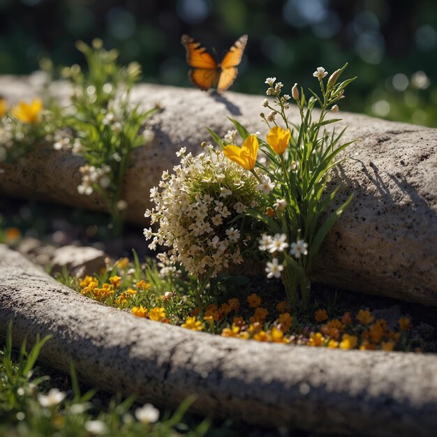 closeup sequence green grass surrounded by flowers pinhole photography virtual reality fantasy