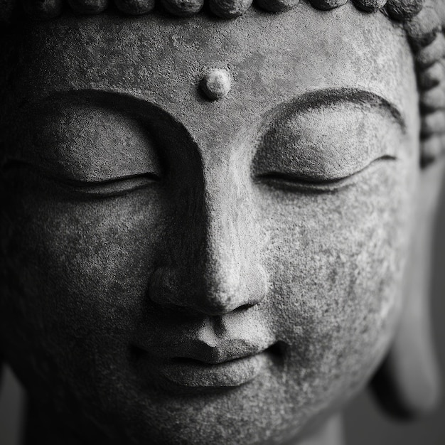 Photo closeup of a serene buddha statue with closed eyes and a gentle smile