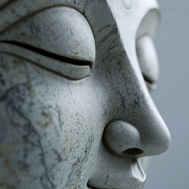 Photo closeup of a serene marble buddha sculpture with peaceful expression