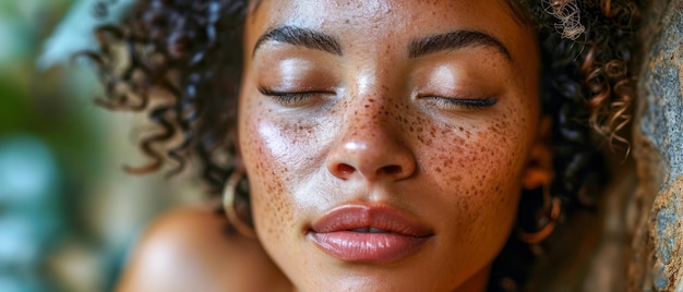 Closeup of a serene woman with freckles eyes closed enjoying a peaceful moment