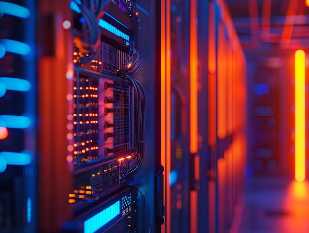 Closeup of Server Racks in a Data Center with Red and Blue Lights