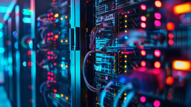 Closeup of Server Racks with Cables and Lights in a Data Center