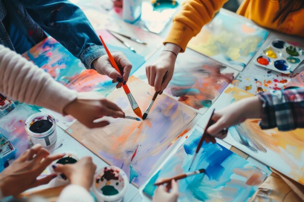 Closeup of several hands painting on canvases with vibrant colors in an art studio showcasing creativity and collaboration