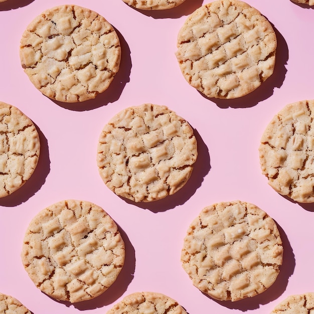 Photo closeup of several peanut butter cookies on a pink surface