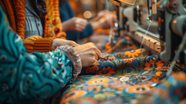 Photo closeup of sewing hands in a vibrant textile workshop