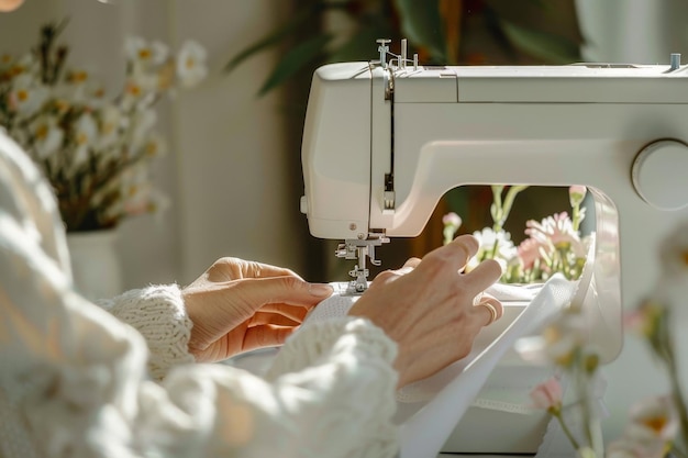 CloseUp of Sewing Machine and Hands Working on Colorful Fabric for Tailoring and Textile Crafting