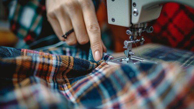 CloseUp of Sewing Machine and Hands Working on Colorful Fabric for Tailoring and Textile Crafting