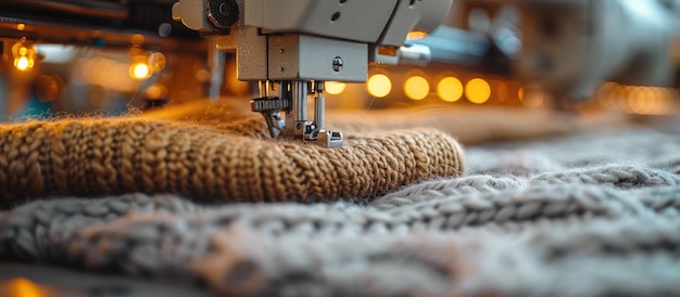 Photo closeup of a sewing machine needle on knitted fabric