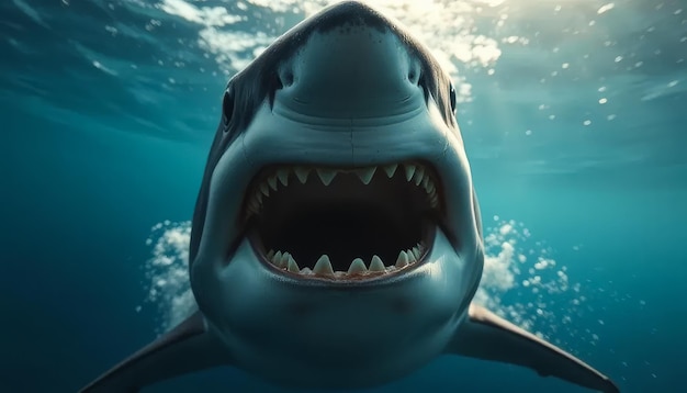 Photo closeup of shark with open mouth in the ocean underwater shot