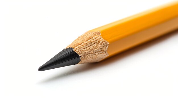 A closeup of a sharpened black pencil on a white background