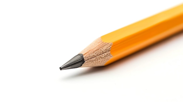 Closeup of a sharpened yellow pencil on a white background