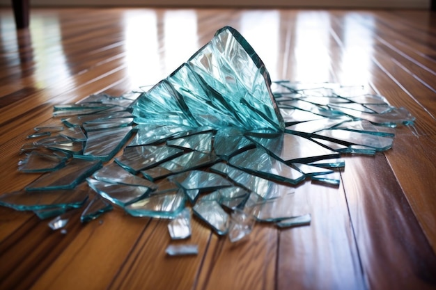 Closeup of shattered glass on hardwood floor