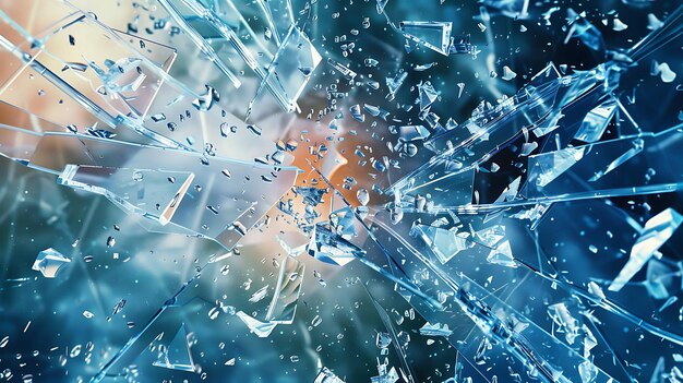 A closeup of shattered glass with a blue and orange background