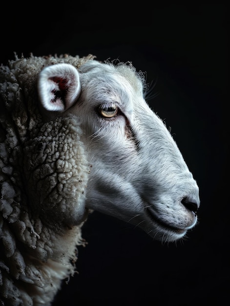 Photo closeup of sheep with curly wool on dark background