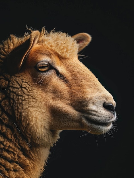 Closeup of sheep with curly wool on dark background