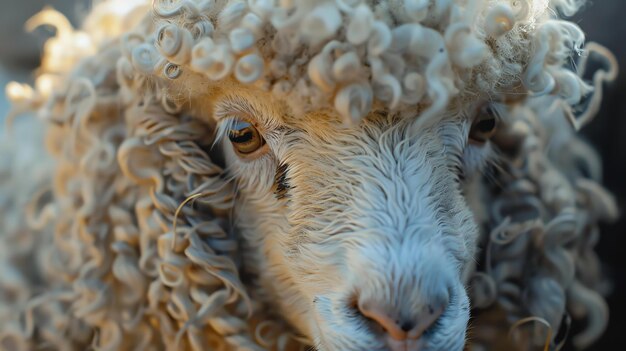 Photo a closeup of a sheeps face the sheep is looking at the camera with its big brown eyes its wool is white and curly