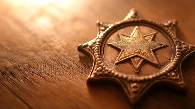 A closeup of a sheriffs badge resting on a wooden table featuring intricate details against a light solid color background