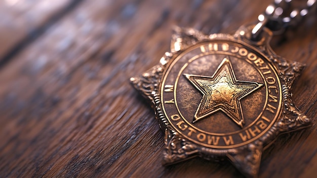 A closeup of a sheriffs badge resting on a wooden table featuring intricate details against a light solid color background