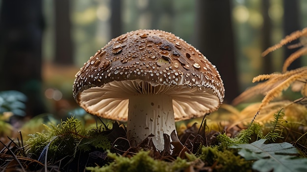 A closeup of a shiitake mushroom its smooth brown cap speckled with white dots