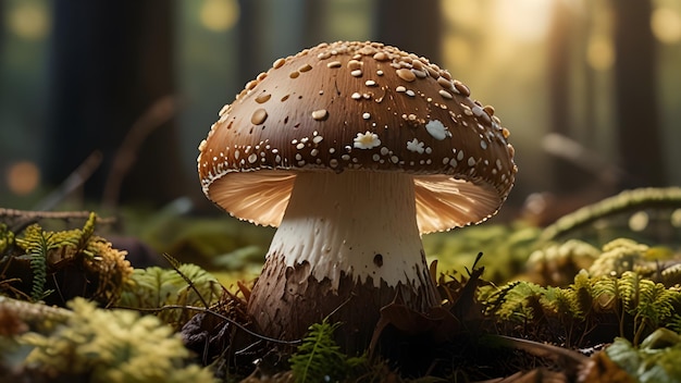 A closeup of a shiitake mushroom its smooth brown cap speckled with white dots