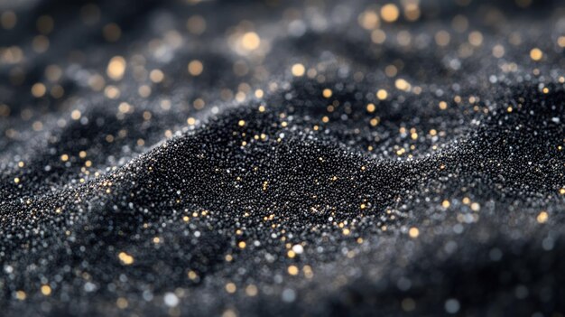 Photo closeup of shimmering black sand with golden specks creating a mesmerizing texture