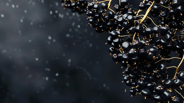 Closeup of Shiny Black Berries with Golden Stems on a Dark Background with Bokeh