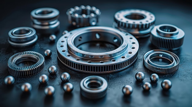 Photo closeup of shiny metal gears and ball bearings