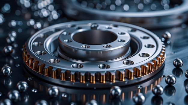 CloseUp of a Shiny Metallic Gear with Ball Bearings