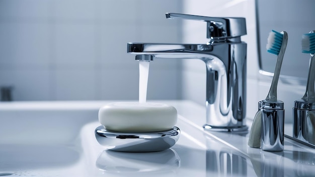 Closeup of a shiny modern faucet soap and toothbrushes