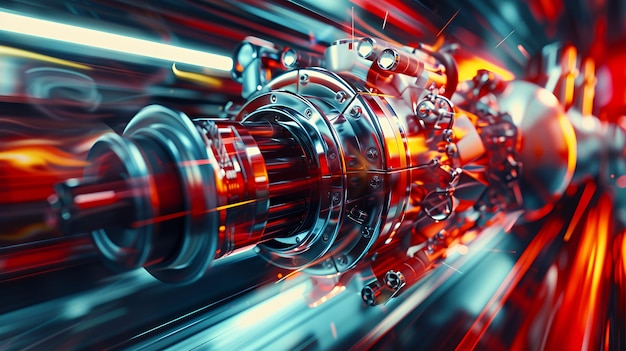 Photo a closeup of a shiny powerful engine with a blur of red and blue light streaks representing speed power and innovation