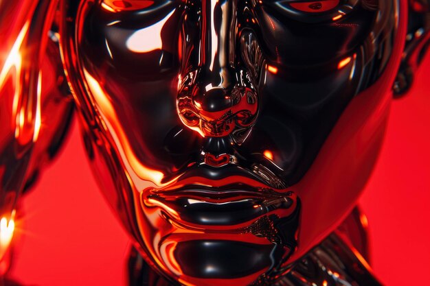 Photo closeup of a shiny red and black metal sculpture of a womans face