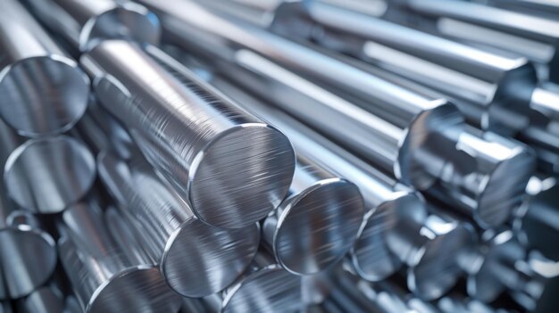 Closeup of shiny steel rods in an industrial setting highlighting materials manufacturing and the industrial production process