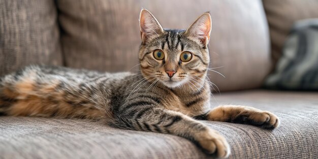 Photo closeup of a shorthaired cat lying on a couch at home the cat fur is fluffy and grey with a