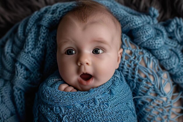 Photo a closeup shot of an adorable baby wrapped in a blue knitted blanket looking at the camera with big