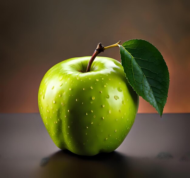 Photo closeup shot of apple with leaves on black backdrop