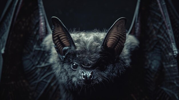 Closeup shot of a bat with distinctive large horns suitable for use in fantasy or horror themed contexts