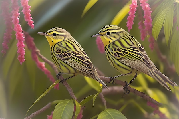 Closeup shot of beautiful Birds sitting on a tree branch surrounded by green leaves_04