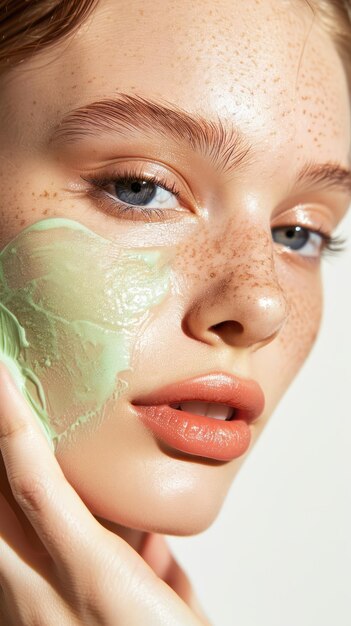 Closeup shot of beautiful Caucasian woman applying green makeup on face in studio setting